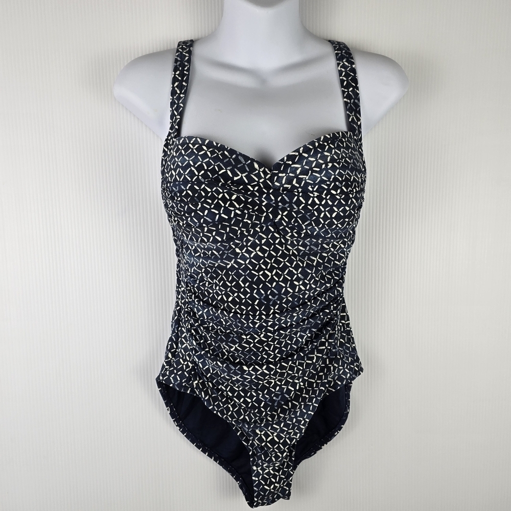 Niptuck Nautical Blue and White One Piece Adjustable Strap Ruching Waist Size 6
